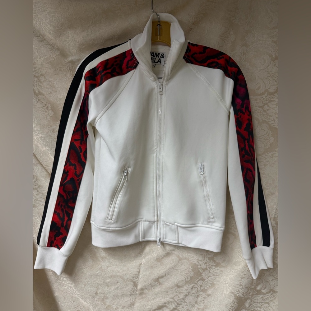 Pam & Gela Track Jacket in White with python print on sleeve in red/black